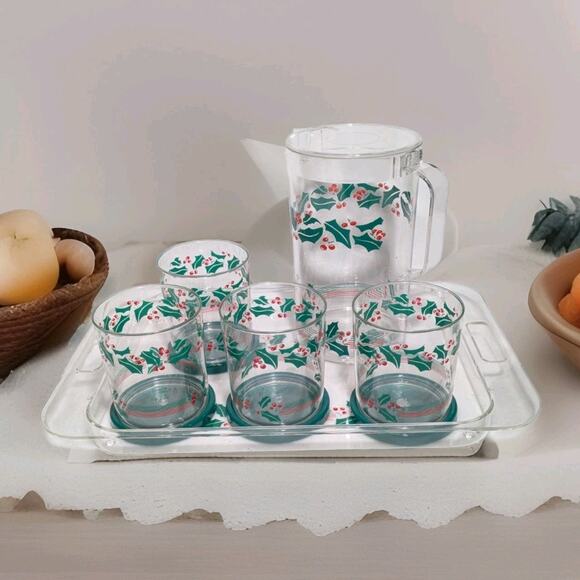 Vtg 11 Piece Acrylic Serving Set Tray Pitcher Cups Christmas Holly Leaves NOS - Picture 1 of 13